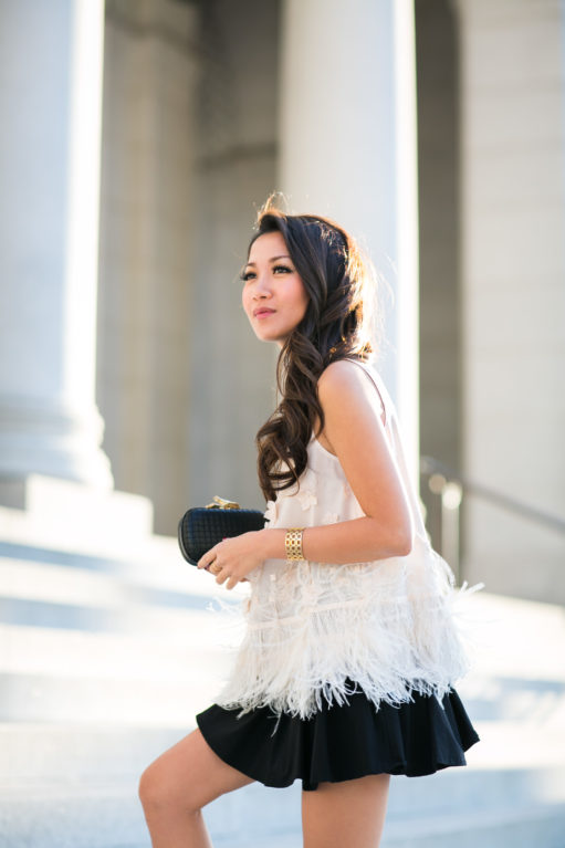 New Year's Eve :: Feathered fringe blouse & Gold pumps - Wendy's Lookbook